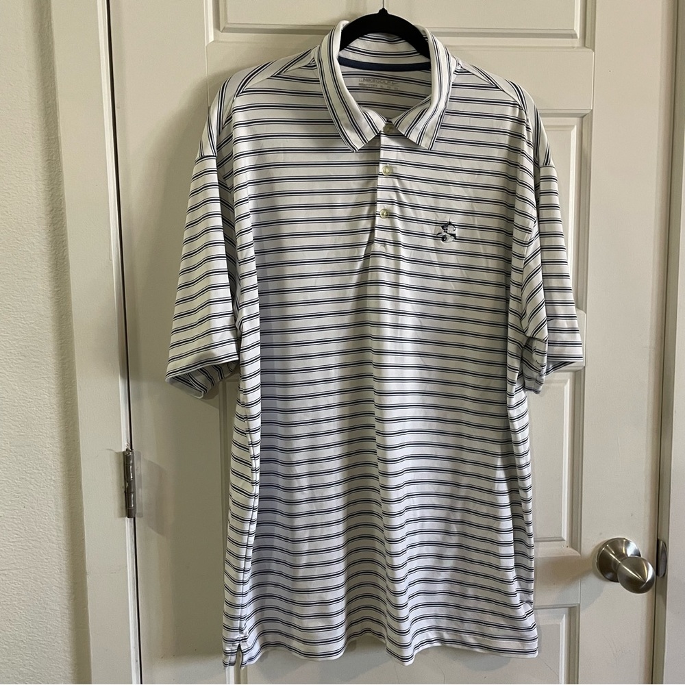 Nike Golf Performance Mens  Dri-Fit Polo Shirt White Striped Blue Swoosh Size XL